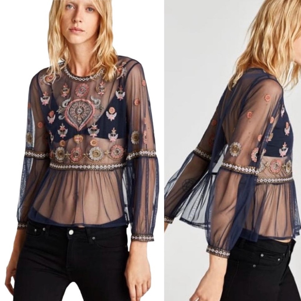 Navy Embroidered Peplum Blouse